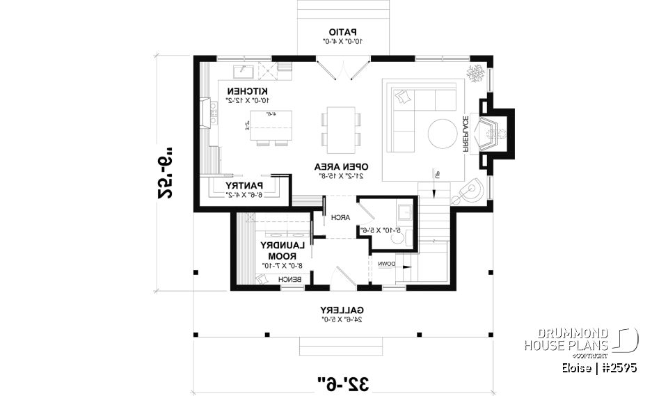 1st level - French Country two-story home with fireplace, large kitchen island and covered front porch - Eloise