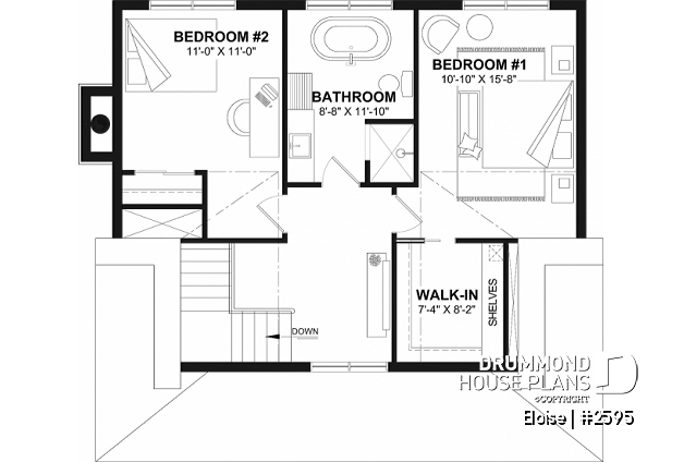2nd level of house plan 2595 2nd level - French Country two-story home with fireplace, large kitchen island and covered front porch - Eloise