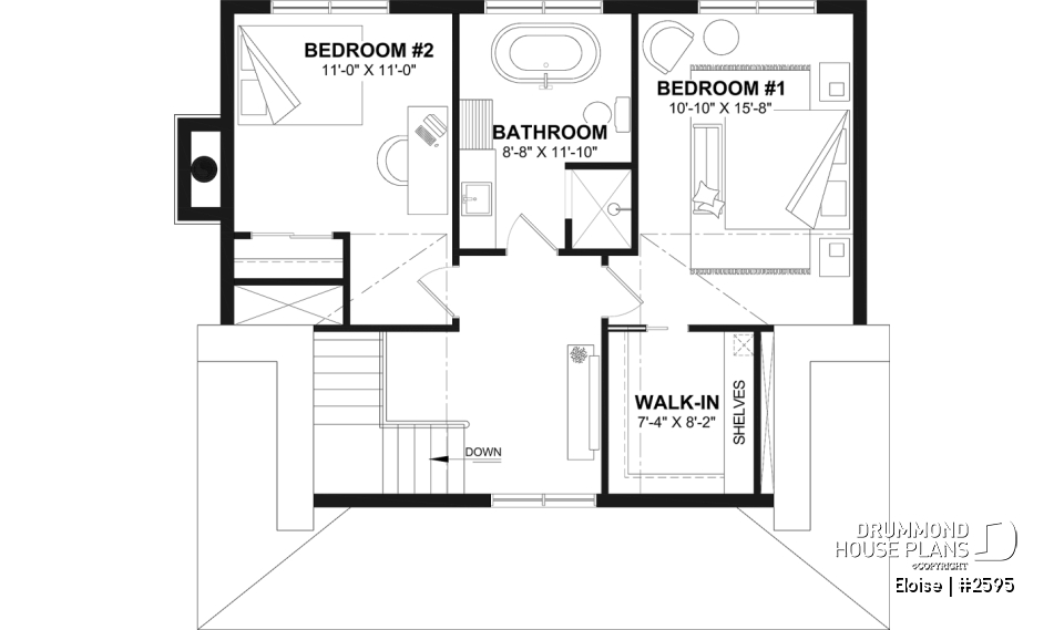 2nd level - French Country two-story home with fireplace, large kitchen island and covered front porch - Eloise