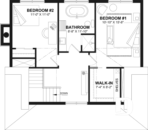 2nd level - French Country two-story home with fireplace, large kitchen island and covered front porch - Eloise