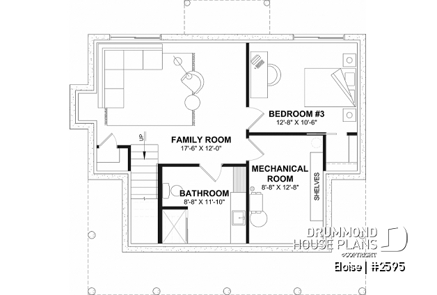 Finished basement (Optional $) of house plan 2595 Finished basement (Optional $) - French Country two-story home with fireplace, large kitchen island and covered front porch - Eloise