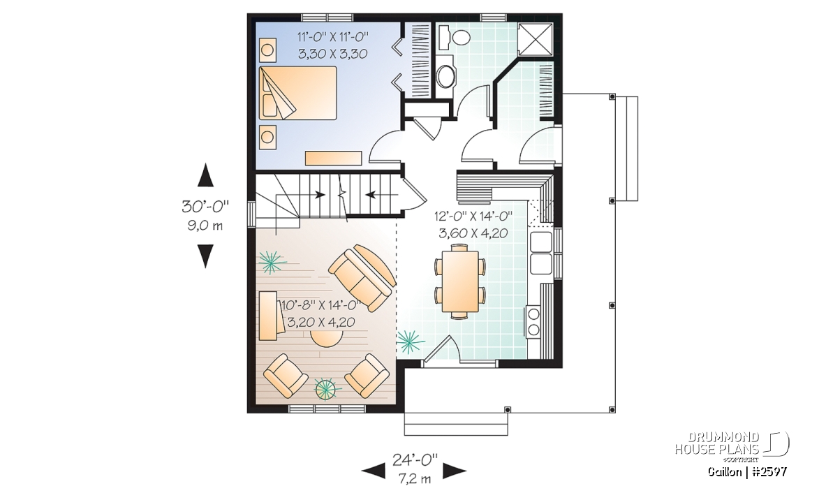 1st level - Affordable and charming small 2-storey home plan with up to 3 bedrooms, mezzanine, wraparound porch - Gaillon
