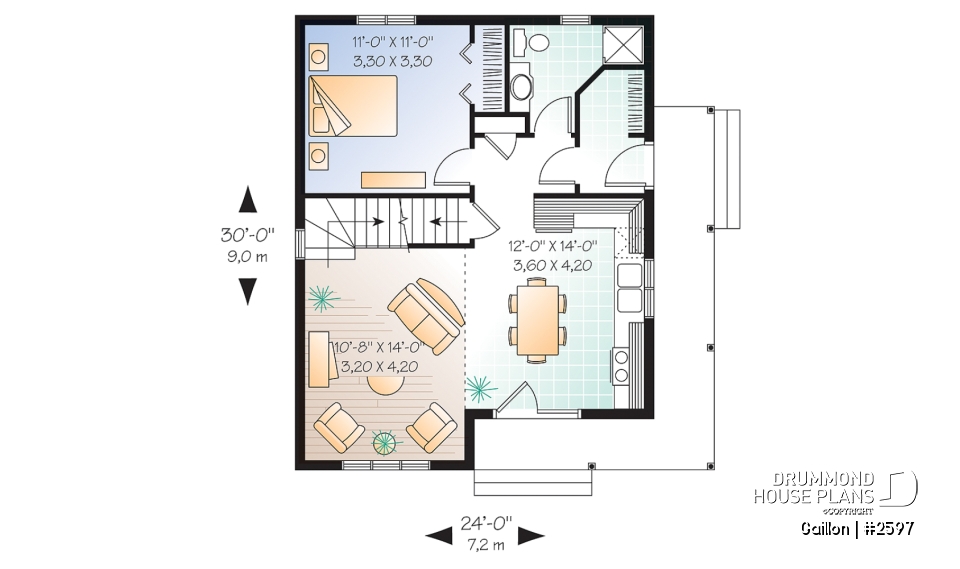 1st level - Affordable and charming small 2-storey home plan with up to 3 bedrooms, mezzanine, wraparound porch - Gaillon