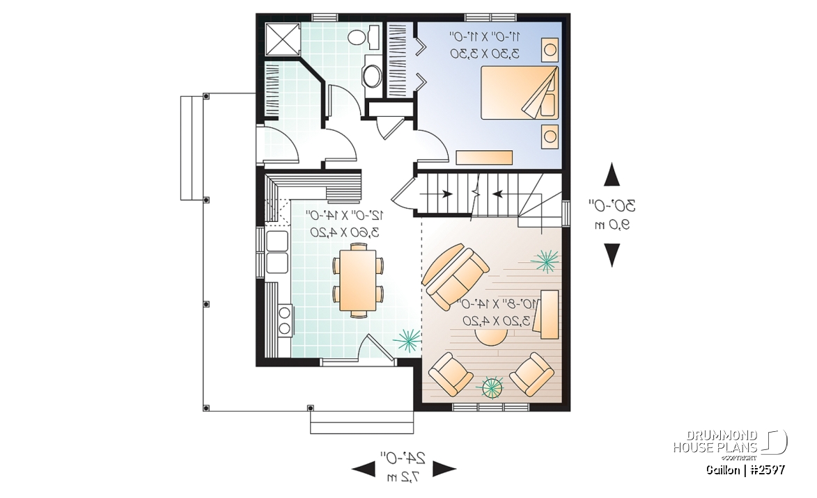 1st level - Affordable and charming small 2-storey home plan with up to 3 bedrooms, mezzanine, wraparound porch - Gaillon