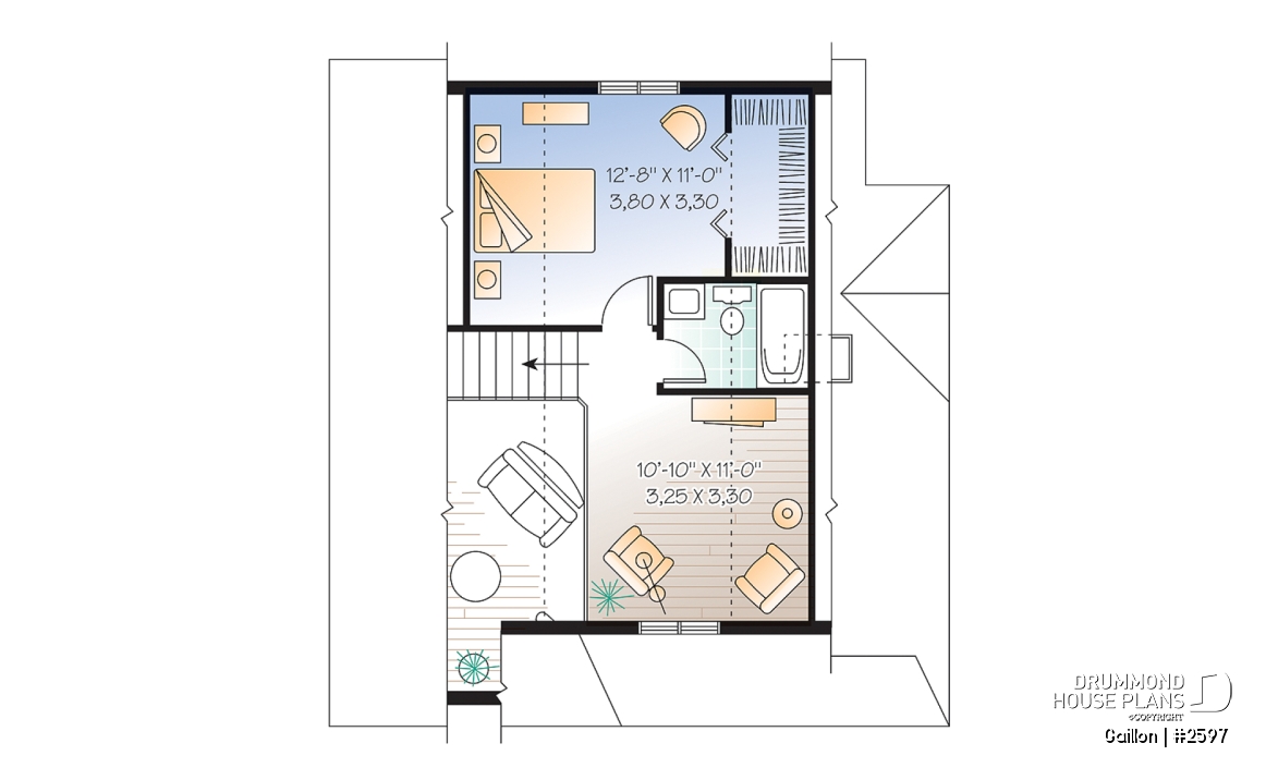 2nd level - Affordable and charming small 2-storey home plan with up to 3 bedrooms, mezzanine, wraparound porch - Gaillon