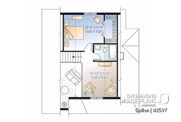 2nd level - Affordable and charming small 2-storey home plan with up to 3 bedrooms, mezzanine, wraparound porch - Gaillon