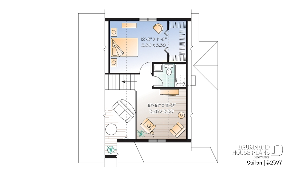 2nd level - Affordable and charming small 2-storey home plan with up to 3 bedrooms, mezzanine, wraparound porch - Gaillon