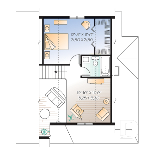 2nd level - Affordable and charming small 2-storey home plan with up to 3 bedrooms, mezzanine, wraparound porch - Gaillon