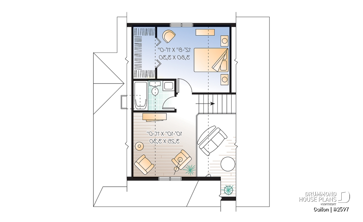 2nd level - Affordable and charming small 2-storey home plan with up to 3 bedrooms, mezzanine, wraparound porch - Gaillon