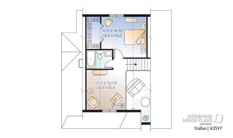 2nd level - Affordable and charming small 2-storey home plan with up to 3 bedrooms, mezzanine, wraparound porch - Gaillon
