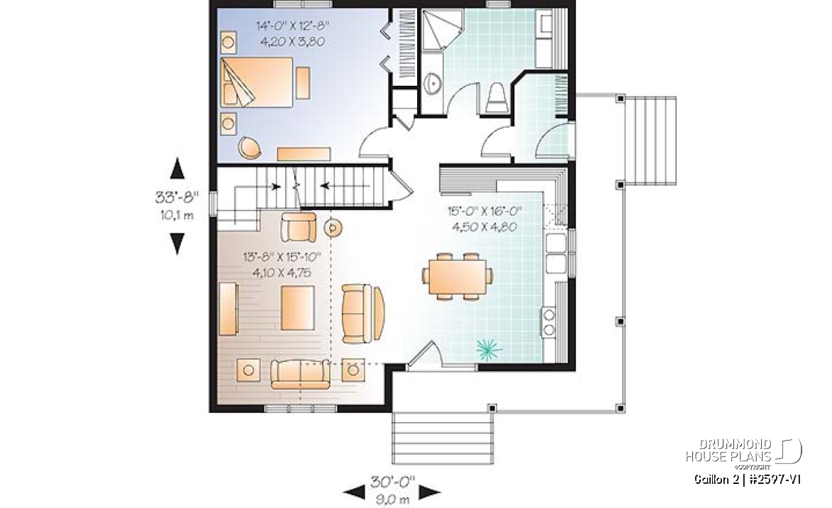 1st level - Cape Cod style 2 to 3 bedroom cottage plan with 2 living rooms, 9 ft. ceiling on main floor, mezzanine - Gaillon 2