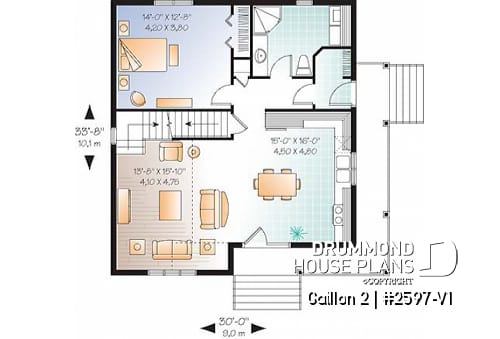 1st level - Cape Cod style 2 to 3 bedroom cottage plan with 2 living rooms, 9 ft. ceiling on main floor, mezzanine - Gaillon 2