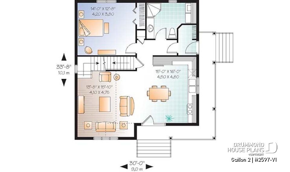 1st level - Cape Cod style 2 to 3 bedroom cottage plan with 2 living rooms, 9 ft. ceiling on main floor, mezzanine - Gaillon 2