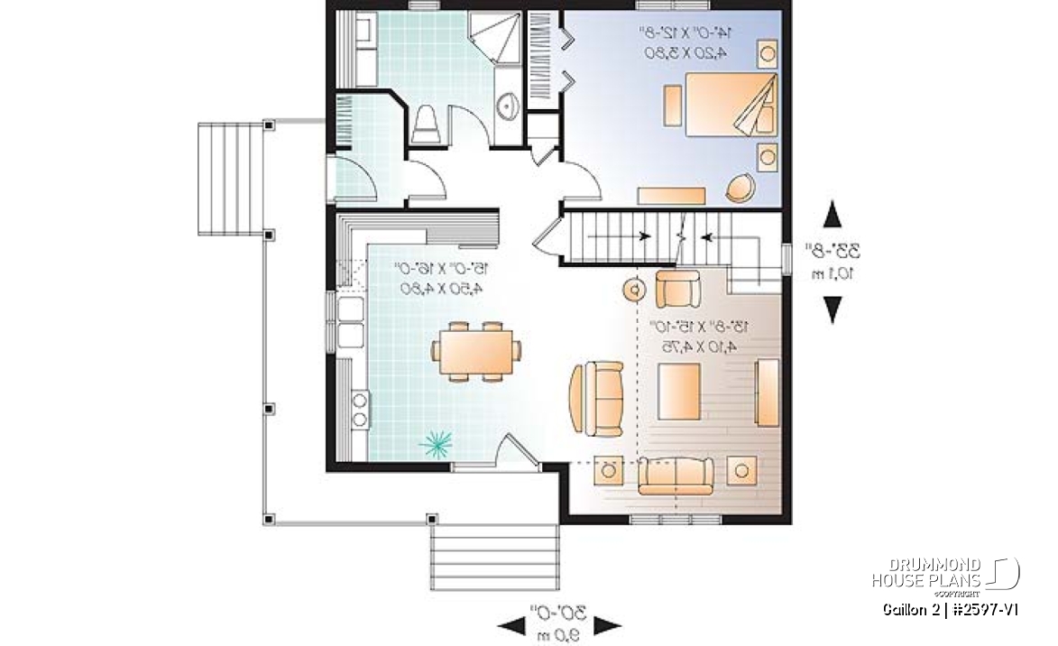 1st level - Cape Cod style 2 to 3 bedroom cottage plan with 2 living rooms, 9 ft. ceiling on main floor, mezzanine - Gaillon 2