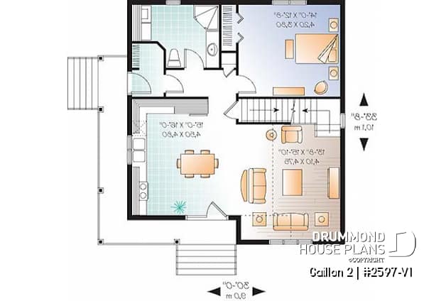 1st level - Cape Cod style 2 to 3 bedroom cottage plan with 2 living rooms, 9 ft. ceiling on main floor, mezzanine - Gaillon 2