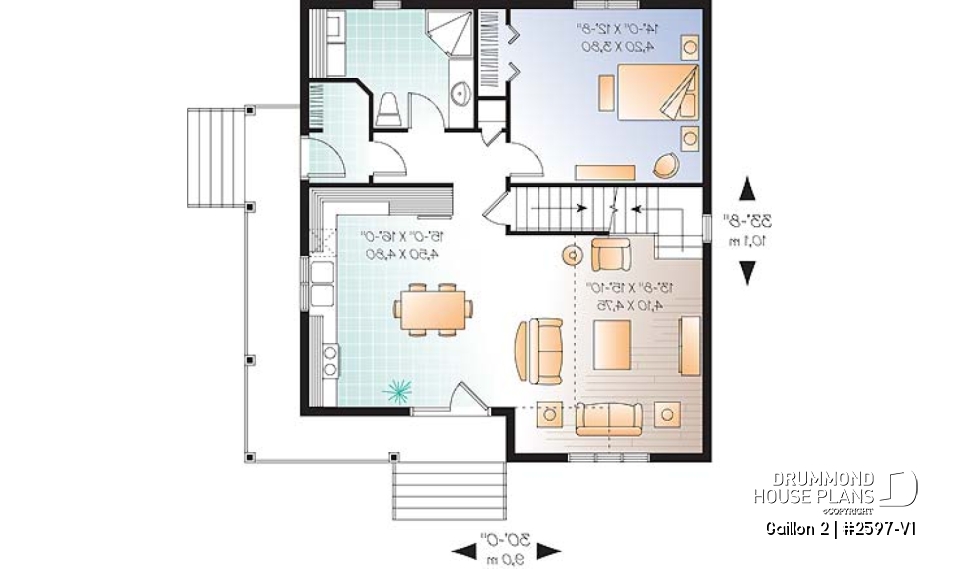 1st level - Cape Cod style 2 to 3 bedroom cottage plan with 2 living rooms, 9 ft. ceiling on main floor, mezzanine - Gaillon 2