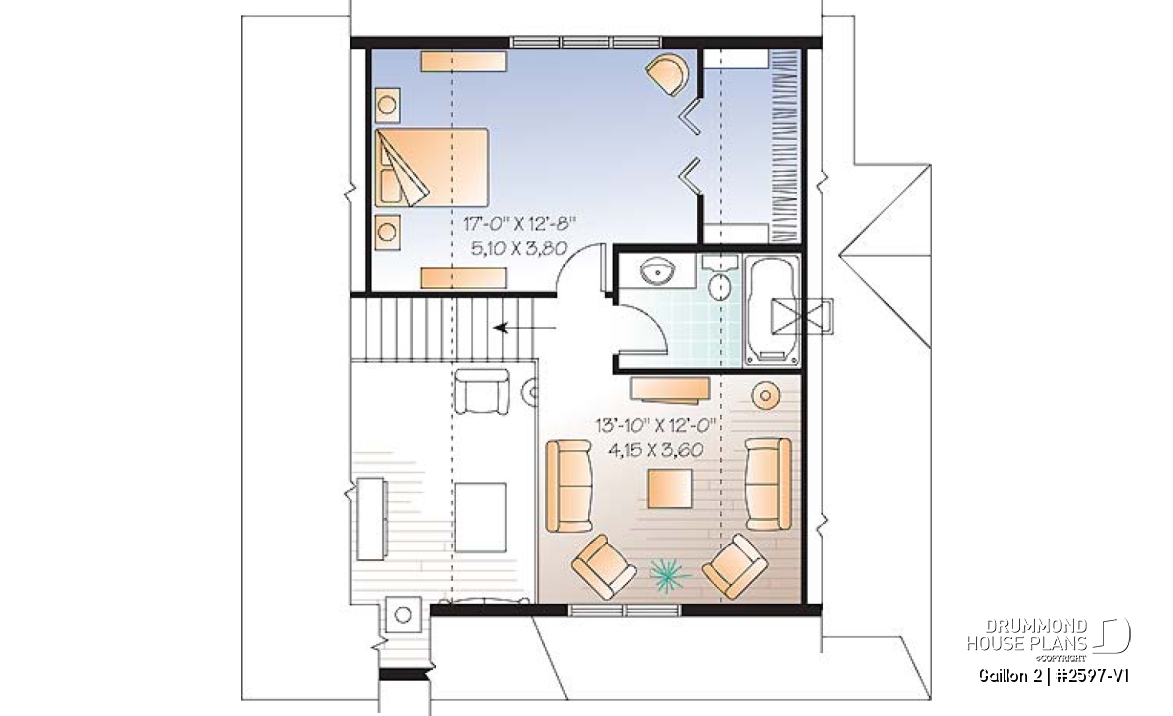 2nd level - Cape Cod style 2 to 3 bedroom cottage plan with 2 living rooms, 9 ft. ceiling on main floor, mezzanine - Gaillon 2