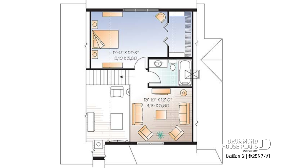 2nd level - Cape Cod style 2 to 3 bedroom cottage plan with 2 living rooms, 9 ft. ceiling on main floor, mezzanine - Gaillon 2