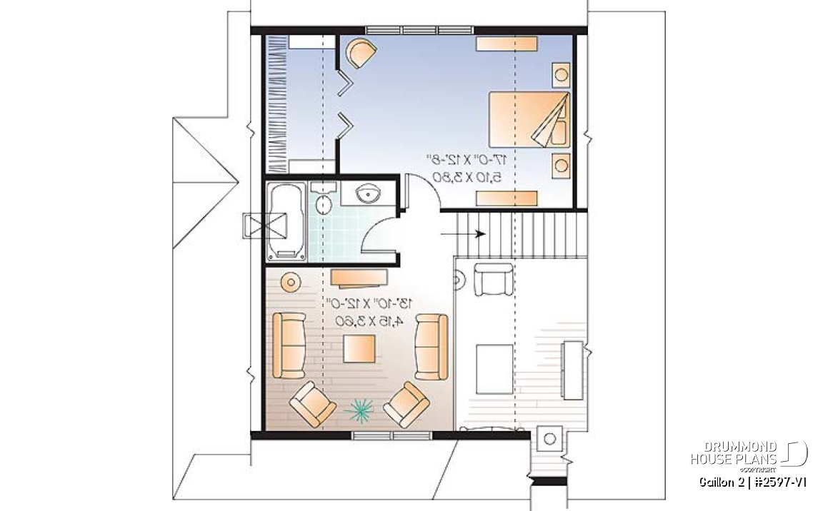 2nd level - Cape Cod style 2 to 3 bedroom cottage plan with 2 living rooms, 9 ft. ceiling on main floor, mezzanine - Gaillon 2