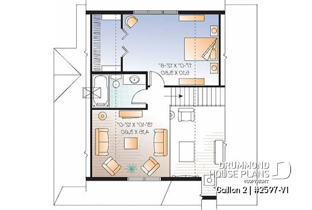 2nd level - Cape Cod style 2 to 3 bedroom cottage plan with 2 living rooms, 9 ft. ceiling on main floor, mezzanine - Gaillon 2