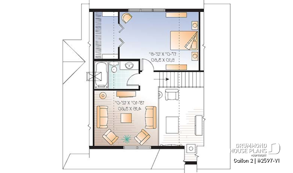 2nd level - Cape Cod style 2 to 3 bedroom cottage plan with 2 living rooms, 9 ft. ceiling on main floor, mezzanine - Gaillon 2