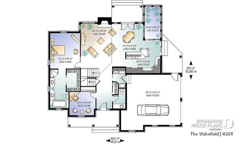 1st level - Large 3 to 4 bedroom house plan, master suite on main, 2-car garage, cathedral ceiling, solarium - The Wakefield