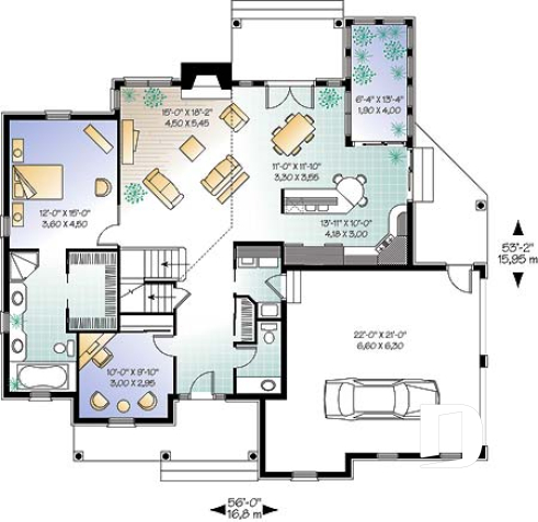1st level - Large 3 to 4 bedroom house plan, master suite on main, 2-car garage, cathedral ceiling, solarium - The Wakefield