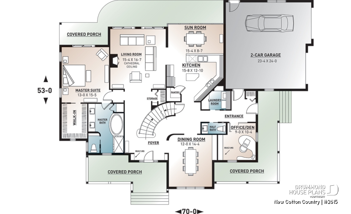 1st level - 2 master suites house plan, 4 bedrooms. 4 bathrooms, 2-car garage, large family room, formal dining room - New Cotton Country