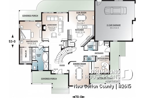 1st level - 2 master suites house plan, 4 bedrooms. 4 bathrooms, 2-car garage, large family room, formal dining room - New Cotton County