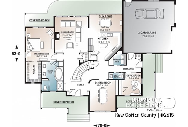 1st level - 2 master suites house plan, 4 bedrooms. 4 bathrooms, 2-car garage, large family room, formal dining room - New Cotton County
