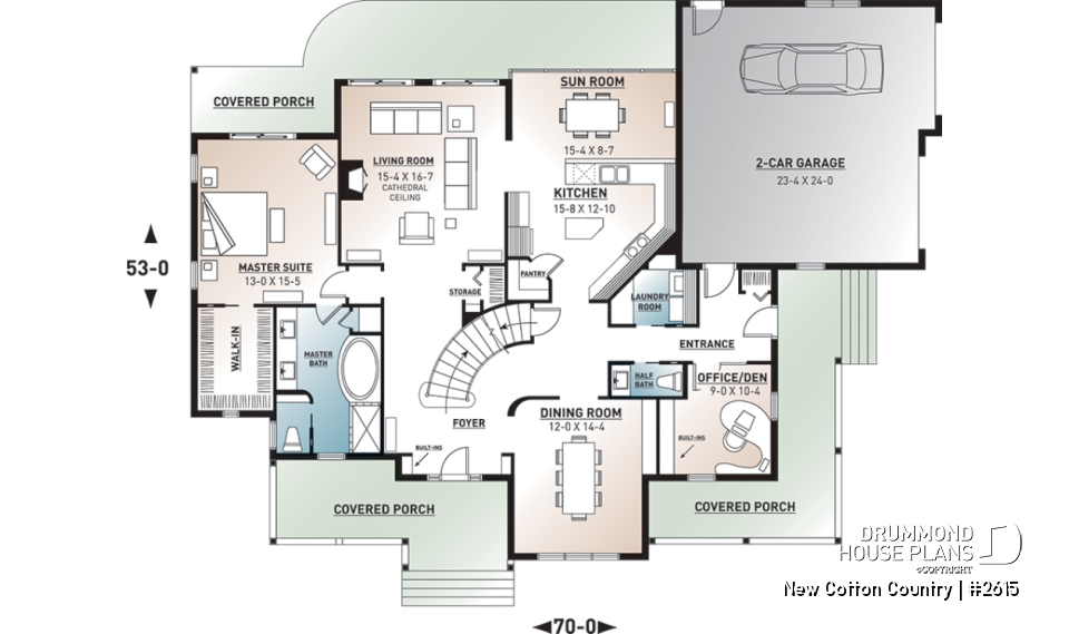 1st level - 2 master suites house plan, 4 bedrooms. 4 bathrooms, 2-car garage, large family room, formal dining room - New Cotton Country
