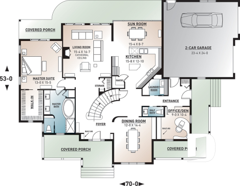 1st level - 2 master suites house plan, 4 bedrooms. 4 bathrooms, 2-car garage, large family room, formal dining room - New Cotton Country