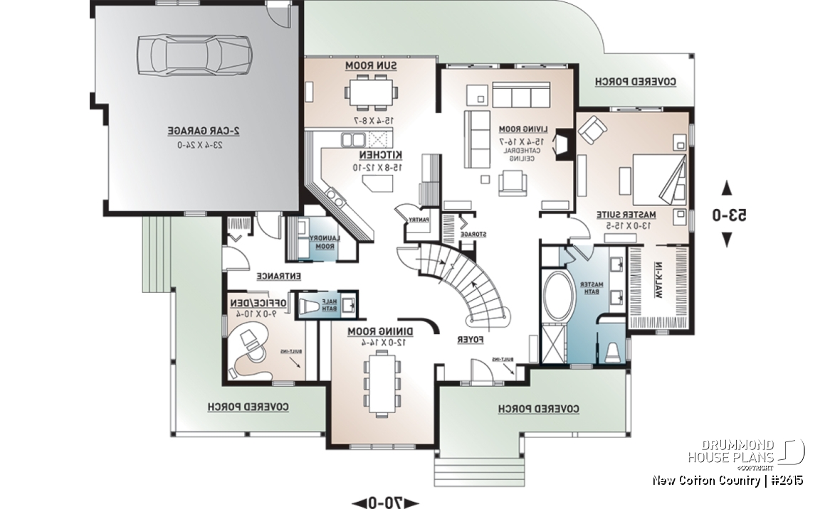 1st level - 2 master suites house plan, 4 bedrooms. 4 bathrooms, 2-car garage, large family room, formal dining room - New Cotton Country