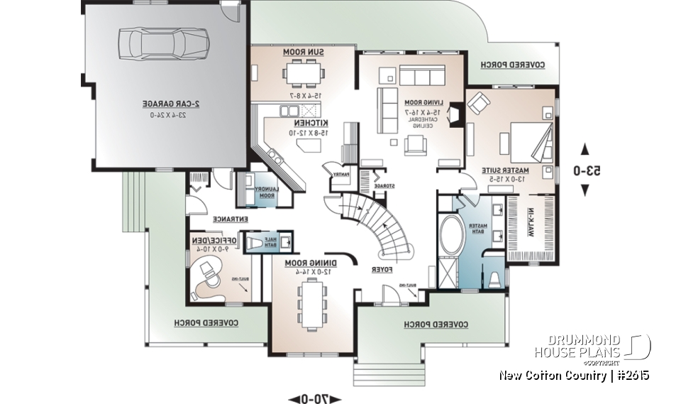 1st level - 2 master suites house plan, 4 bedrooms. 4 bathrooms, 2-car garage, large family room, formal dining room - New Cotton Country
