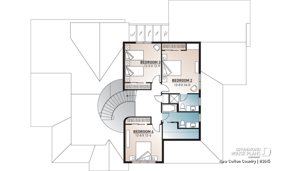 2nd level - 2 master suites house plan, 4 bedrooms. 4 bathrooms, 2-car garage, large family room, formal dining room - New Cotton Country