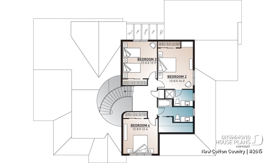 2nd level - 2 master suites house plan, 4 bedrooms. 4 bathrooms, 2-car garage, large family room, formal dining room - New Cotton Country