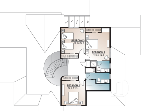 2nd level - 2 master suites house plan, 4 bedrooms. 4 bathrooms, 2-car garage, large family room, formal dining room - New Cotton Country