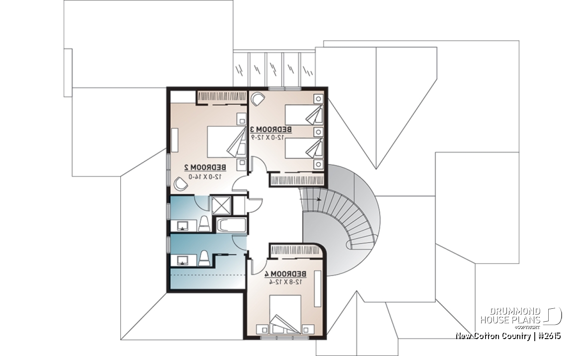 2nd level - 2 master suites house plan, 4 bedrooms. 4 bathrooms, 2-car garage, large family room, formal dining room - New Cotton Country