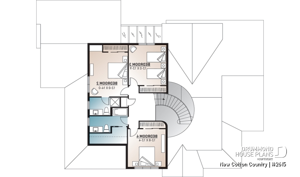 2nd level - 2 master suites house plan, 4 bedrooms. 4 bathrooms, 2-car garage, large family room, formal dining room - New Cotton Country