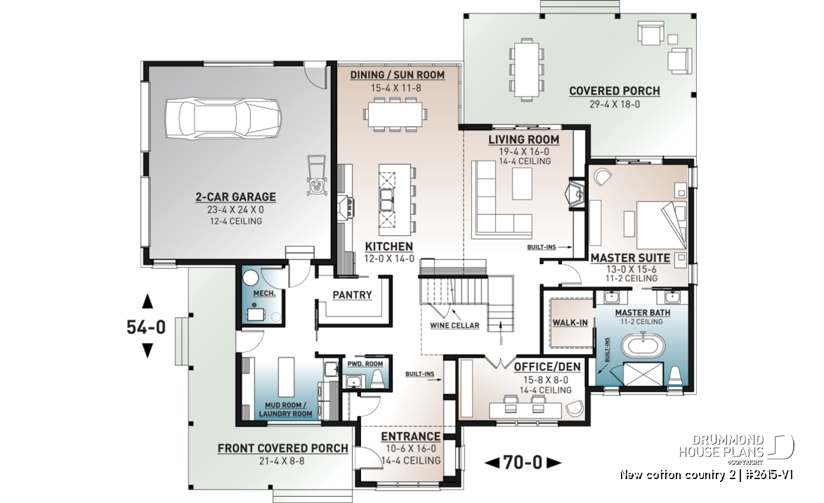 1st level - Modern farmhouse plan, 4 bedrooms, 3.5 baths, master suite on main floor, large terrace, pantry, fireplace - New cotton country 2