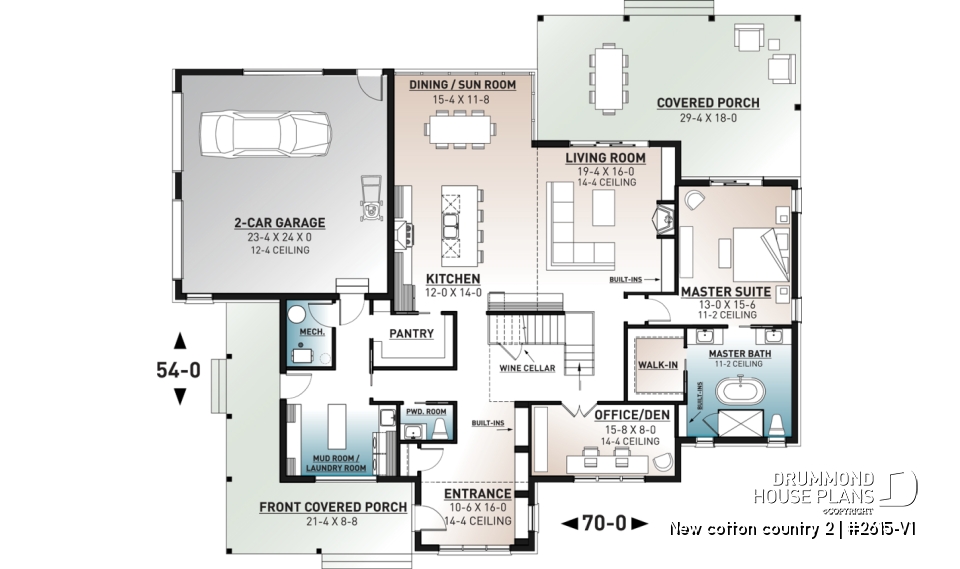 1st level - Modern farmhouse plan, 4 bedrooms, 3.5 baths, master suite on main floor, large terrace, pantry, fireplace - New cotton country 2