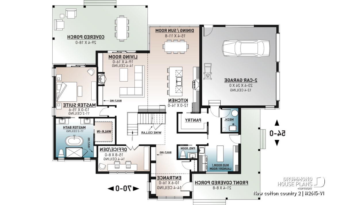 1st level - Modern farmhouse plan, 4 bedrooms, 3.5 baths, master suite on main floor, large terrace, pantry, fireplace - New cotton country 2