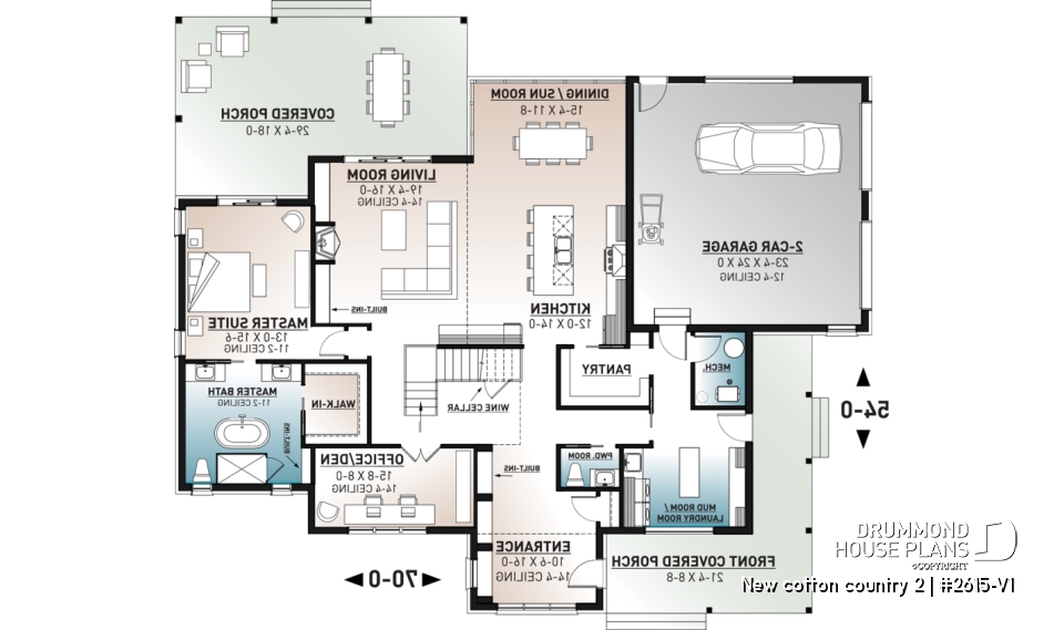 1st level - Modern farmhouse plan, 4 bedrooms, 3.5 baths, master suite on main floor, large terrace, pantry, fireplace - New cotton country 2