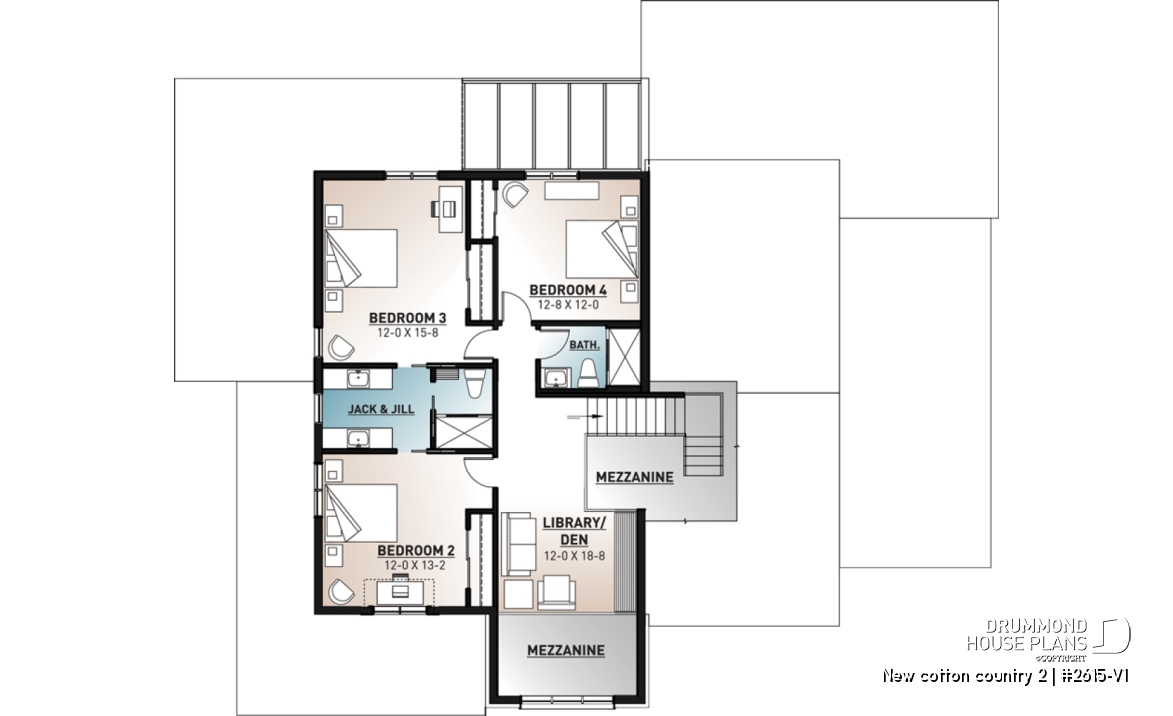 2nd level - Modern farmhouse plan, 4 bedrooms, 3.5 baths, master suite on main floor, large terrace, pantry, fireplace - New cotton country 2