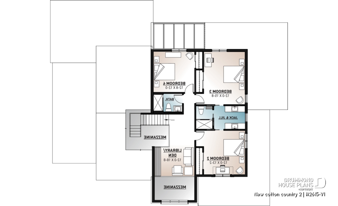 2nd level - Modern farmhouse plan, 4 bedrooms, 3.5 baths, master suite on main floor, large terrace, pantry, fireplace - New cotton country 2