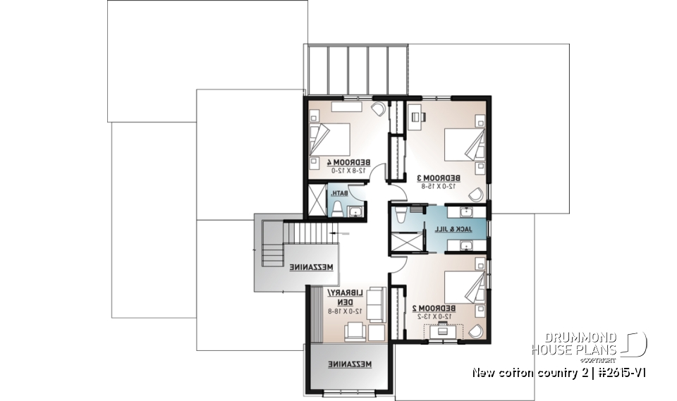 2nd level - Modern farmhouse plan, 4 bedrooms, 3.5 baths, master suite on main floor, large terrace, pantry, fireplace - New cotton country 2