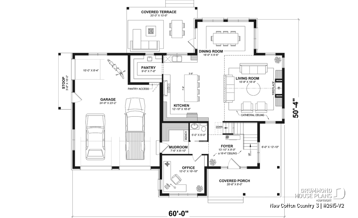 1st level - 4-Bedroom House Plan with Vaulted Great Room, 2-Car Garage and Covered Outdoor Living Area - New Cotton Country 3