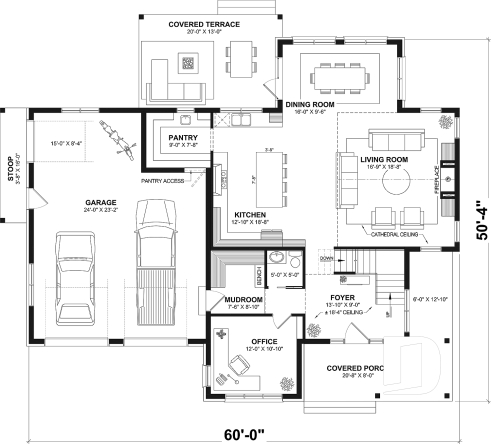 1st level - 4-Bedroom House Plan with Vaulted Great Room, 2-Car Garage and Covered Outdoor Living Area - New Cotton Country 3