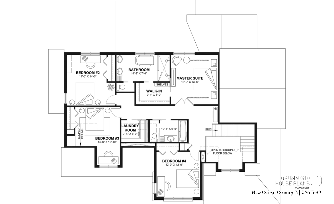 2nd level - 4-Bedroom House Plan with Vaulted Great Room, 2-Car Garage and Covered Outdoor Living Area - New Cotton Country 3