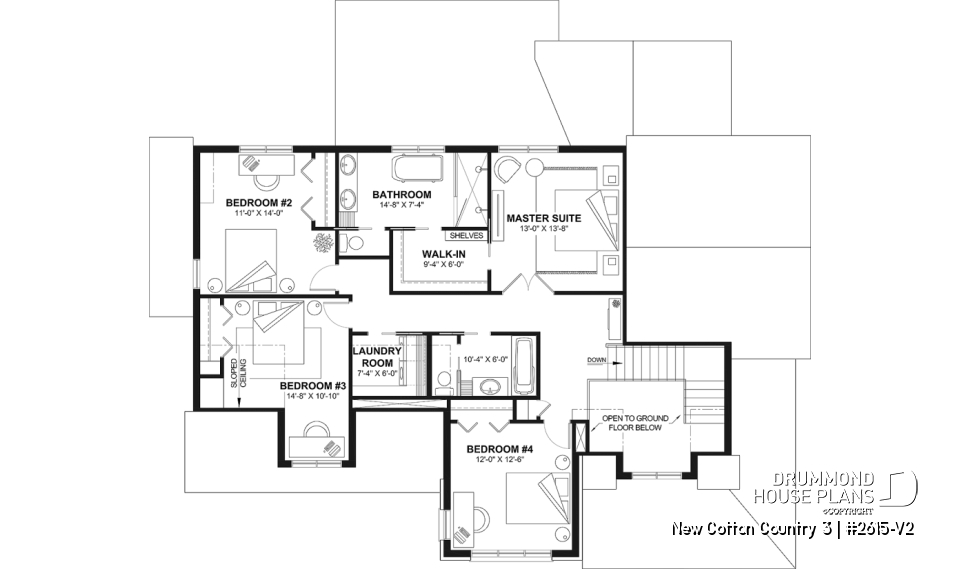 2nd level - 4-Bedroom House Plan with Vaulted Great Room, 2-Car Garage and Covered Outdoor Living Area - New Cotton Country 3